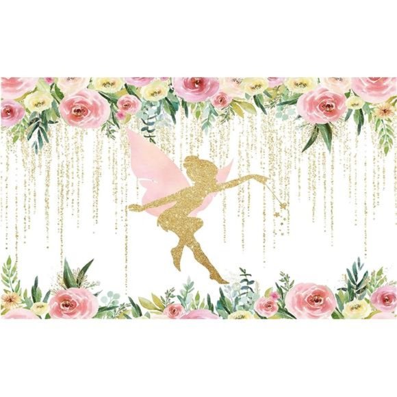 Floral Fairy Birthday Party Backdrop for Photography Pink and Gold Fairy Tale - Picture 1 of 5
